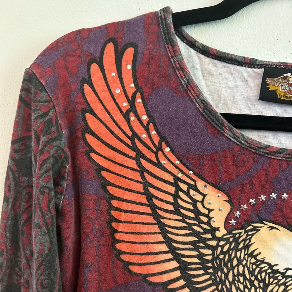 Vintage Y2K Harley Davidson AOP Studded Eagle Flames Long Sleeve Tee S - Picture 3 of 9